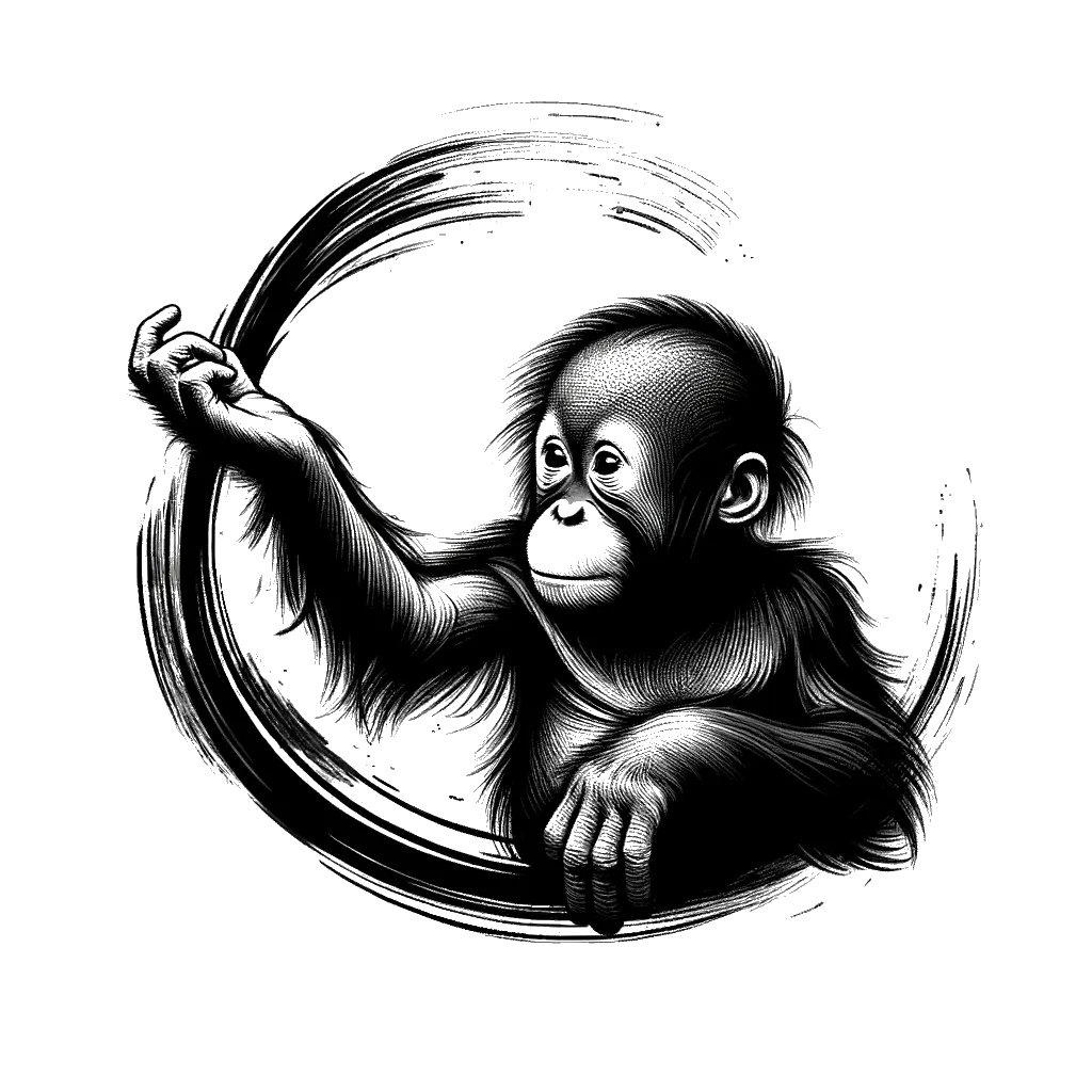 un dibujo de un joven orangután extendiendo su brazo simbolizando huérfano representando el tema de Huérfanos en blanco y negro.