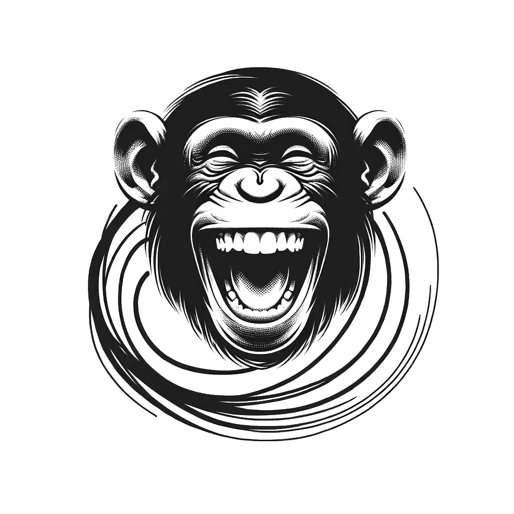 un dibujo de risa de chimpancé representando el tema de Humor en blanco y negro.