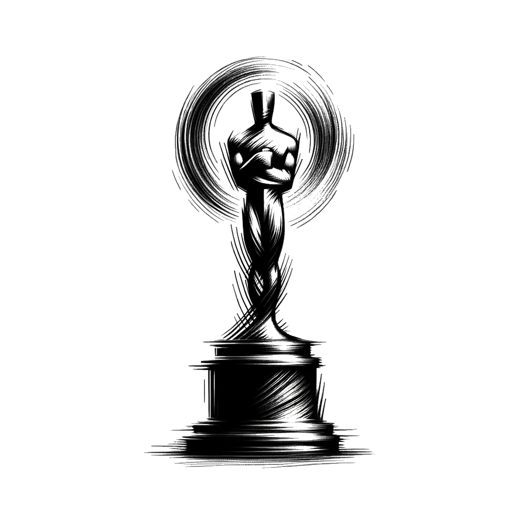 un dibujo de un trofeo de Óscar representando el tema de Idolatría en blanco y negro.