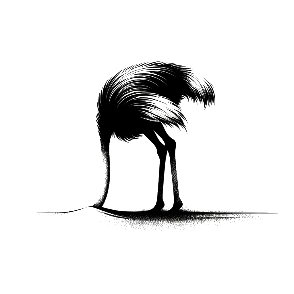 un dibujo de un avestruz enterrando su cabeza en la arena representando el tema de Ignorancia en blanco y negro.