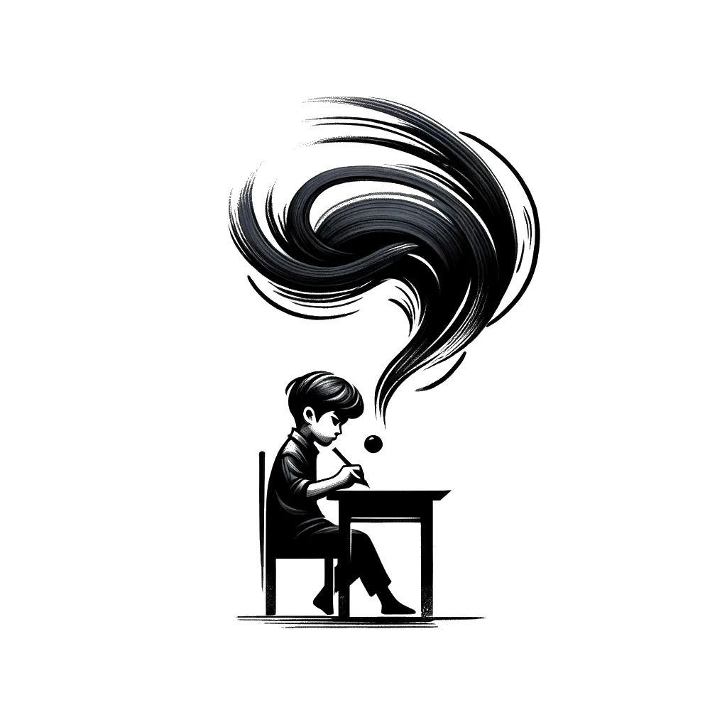 un dibujo de un niño trabajando en un escritorio con un bocadillo de pensamiento apareciendo desde su cabeza representando el tema de Imaginación en blanco y negro.