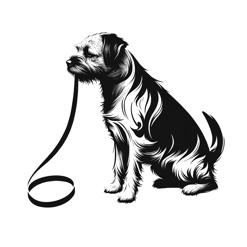 un dibujo de un perro de raza border terrier sosteniendo su correa representando el tema de Impaciencia en blanco y negro.