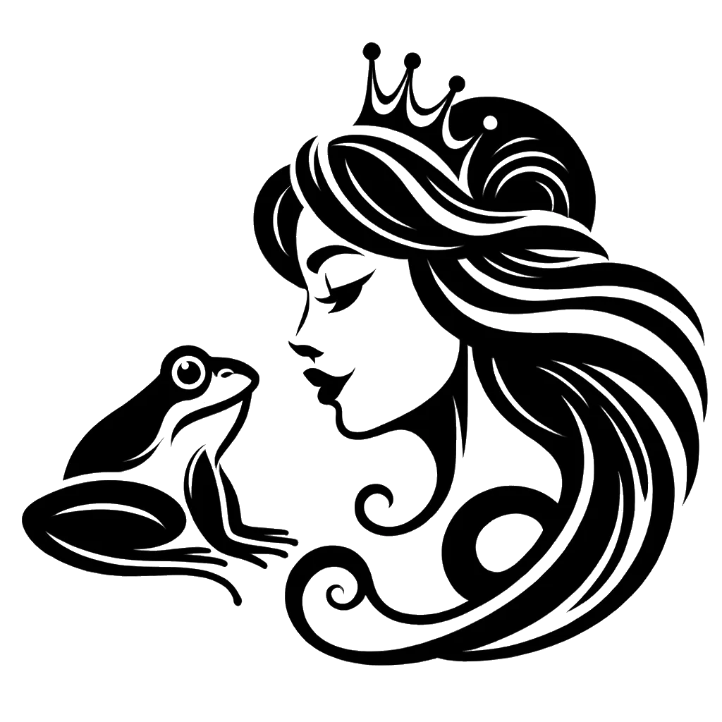 un dibujo de una princesa con una tiara mirando directamente a una rana representando el tema de Imperfección en blanco y negro.
