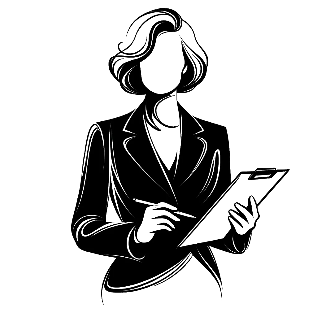 un dibujo de una mujer mayor de gran tamaño, vestida con un traje y sosteniendo una carpeta de notas representando el tema de Importancia Personal en blanco y negro.