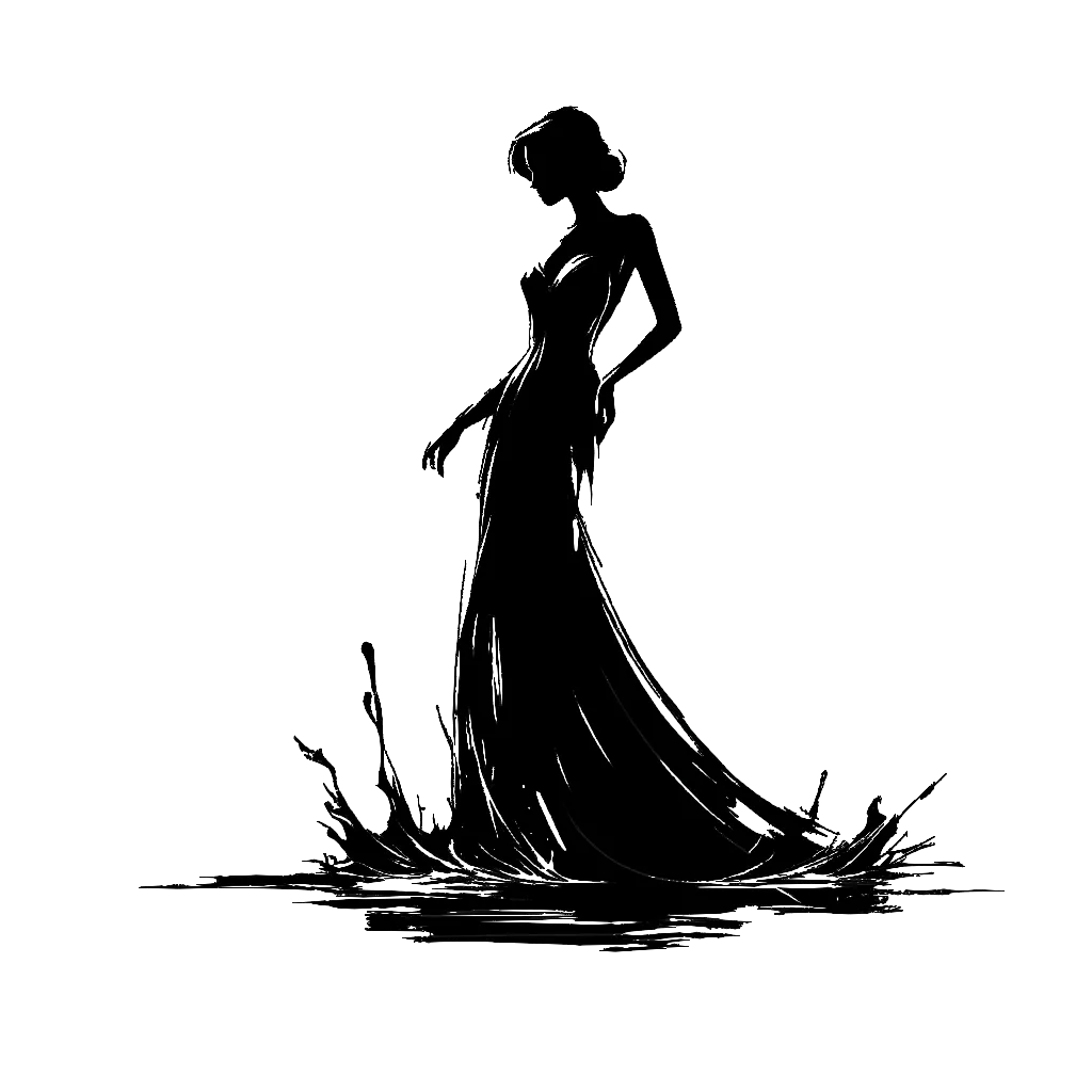 un dibujo de Una mujer vestida con un vestido de noche mirando sorprendida mientras es salpicada por un coche que pasa por un charco. representando el tema de Impureza en blanco y negro.