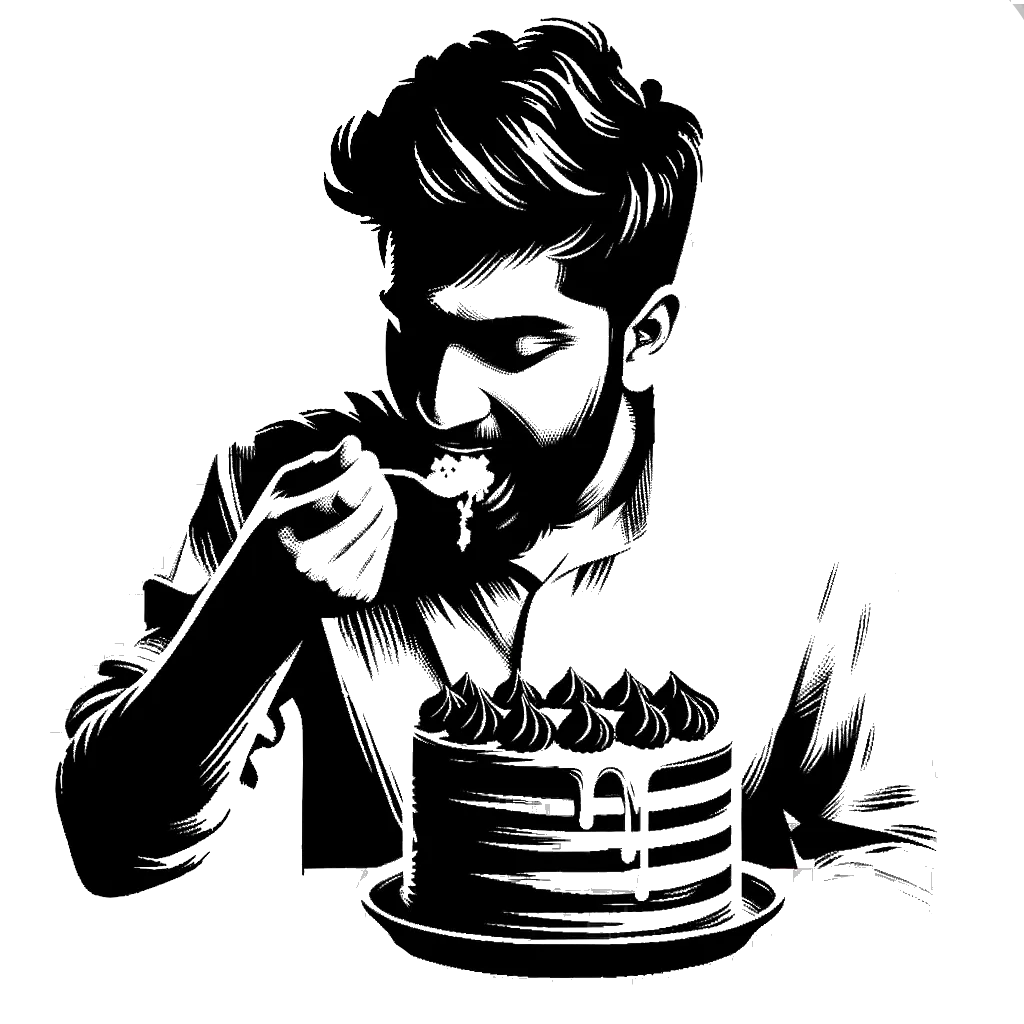 un dibujo de un hombre comiendo un gran trozo de pastel representando el tema de Indulgencia en blanco y negro.