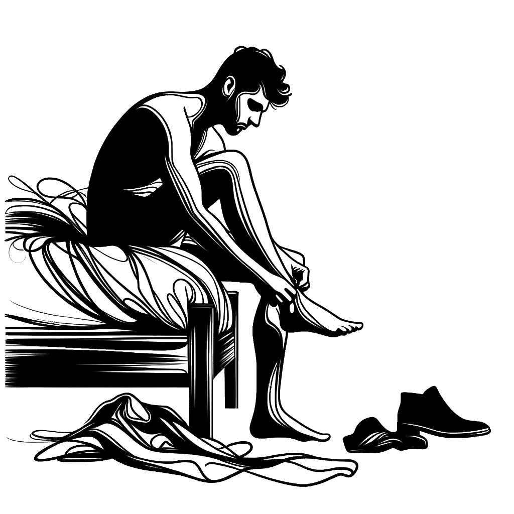 un dibujo de Un hombre se sentó en el borde de una cama mirando triste mientras se ponía los calcetines. representando el tema de Infidelidad en blanco y negro.