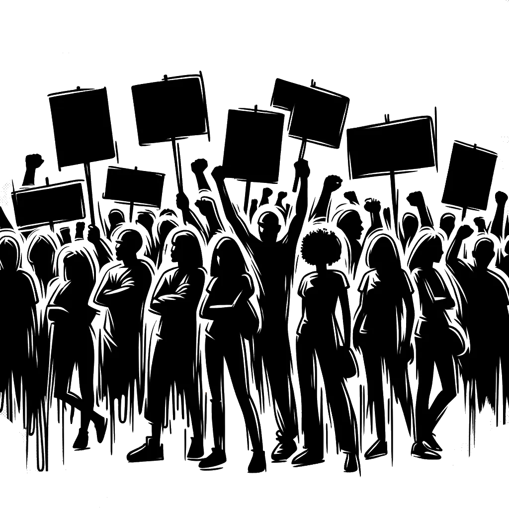 un dibujo de un grupo de manifestantes con pancartas representando el tema de Injusticia en blanco y negro.