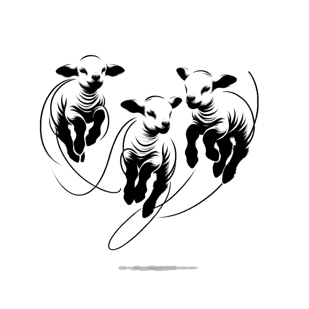 un dibujo de tres corderitos saltarines representando el tema de Inocencia en blanco y negro.