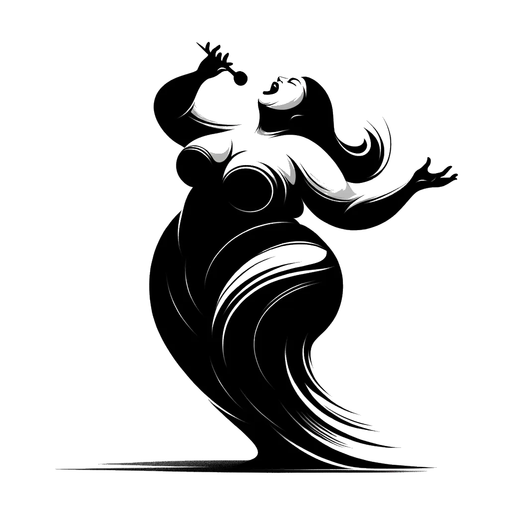 un dibujo de una cantante de ópera mujer, de cuerpo completo y con sobrepeso, cantando con la boca muy abierta representando el tema de Inspiración en blanco y negro.