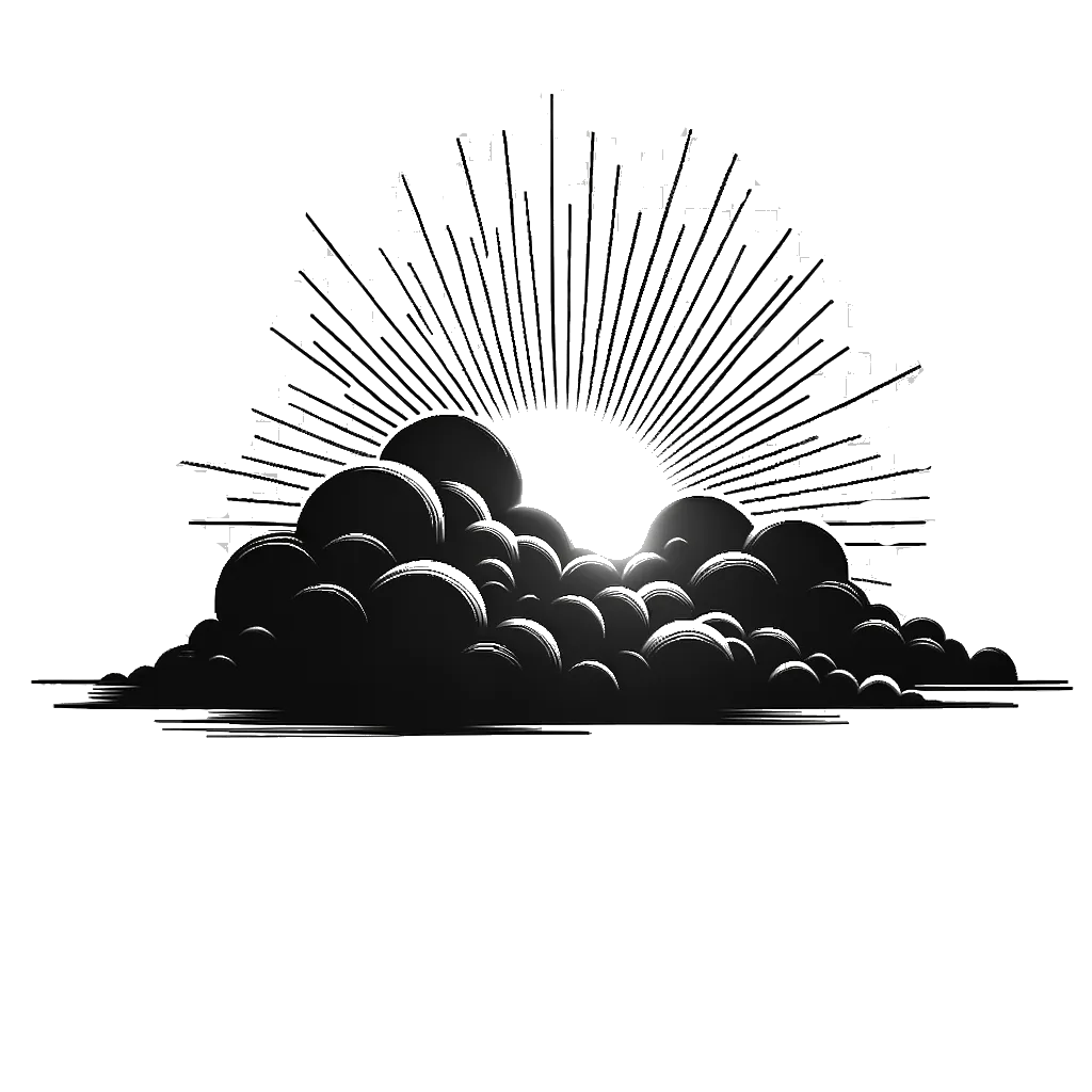 un dibujo de nubes abriéndose para revelar la brillante luz del sol representando el tema de Inspiración Divina en blanco y negro.