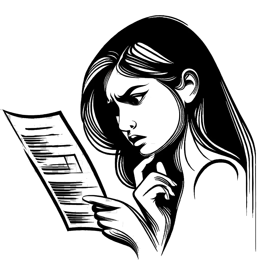 un dibujo de una mujer mirando confundida un conjunto de instrucciones representando el tema de Instrucción en blanco y negro.