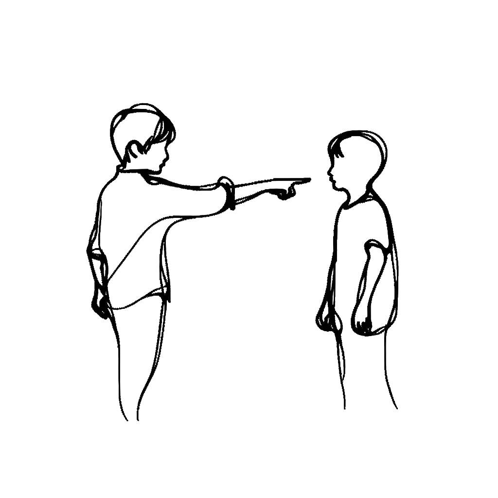 un dibujo de un niño señalando a otro niño representando el tema de Insultar a las Personas en blanco y negro.