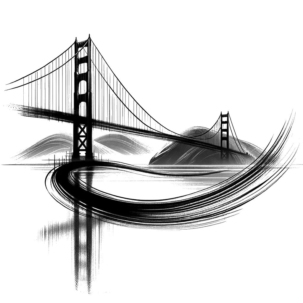 un dibujo de El puente Golden Gate representando el tema de Interceder en blanco y negro.