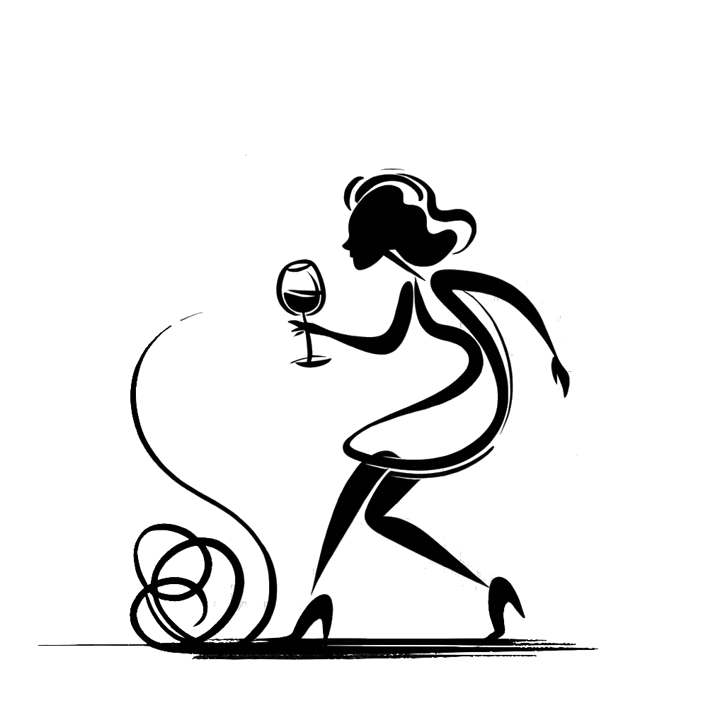 un dibujo de una mujer con piernas temblorosas bebiendo una copa de vino representando el tema de Intoxicación en blanco y negro.
