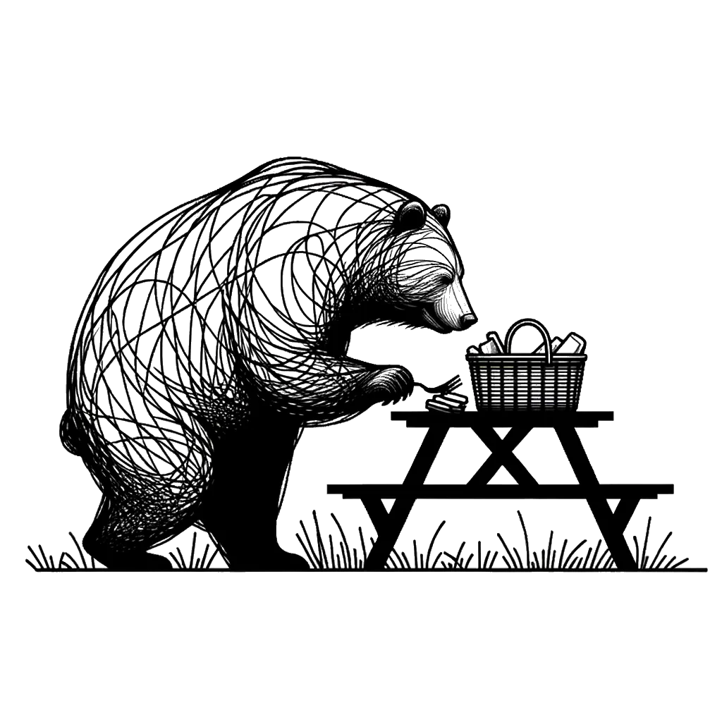 un dibujo de un oso robando comida de picnic representando el tema de Intromisión en blanco y negro.