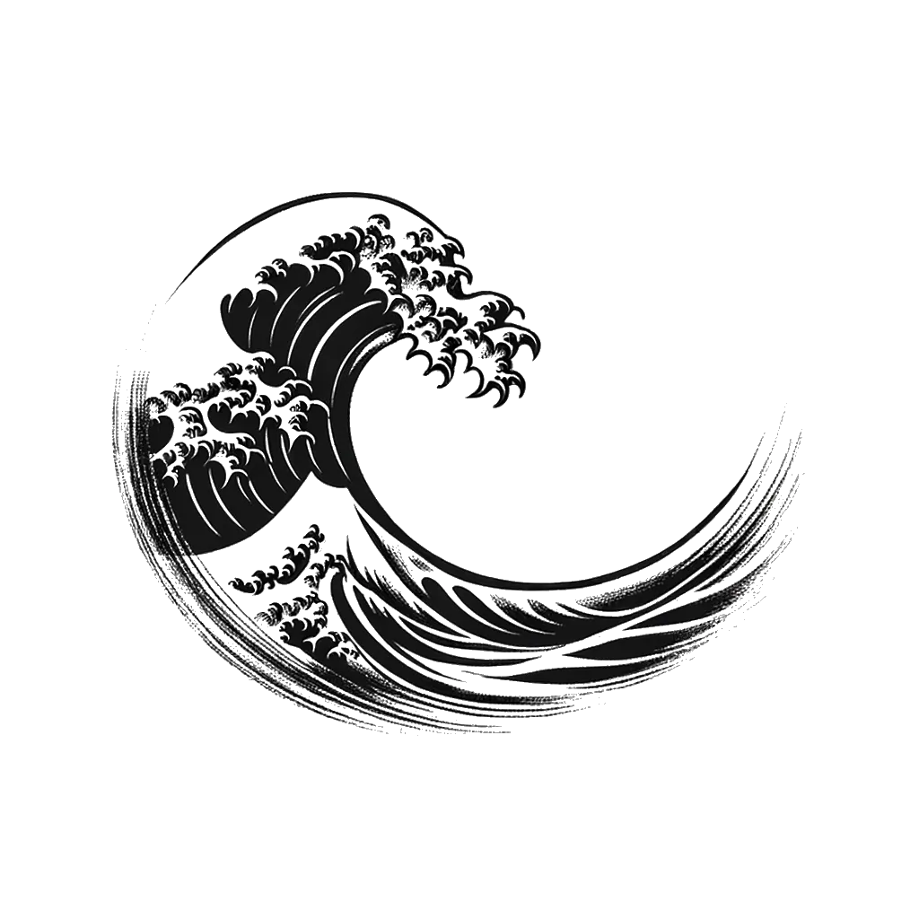 un dibujo de una ola de agua japonesa representando el tema de Inundaciones en blanco y negro.