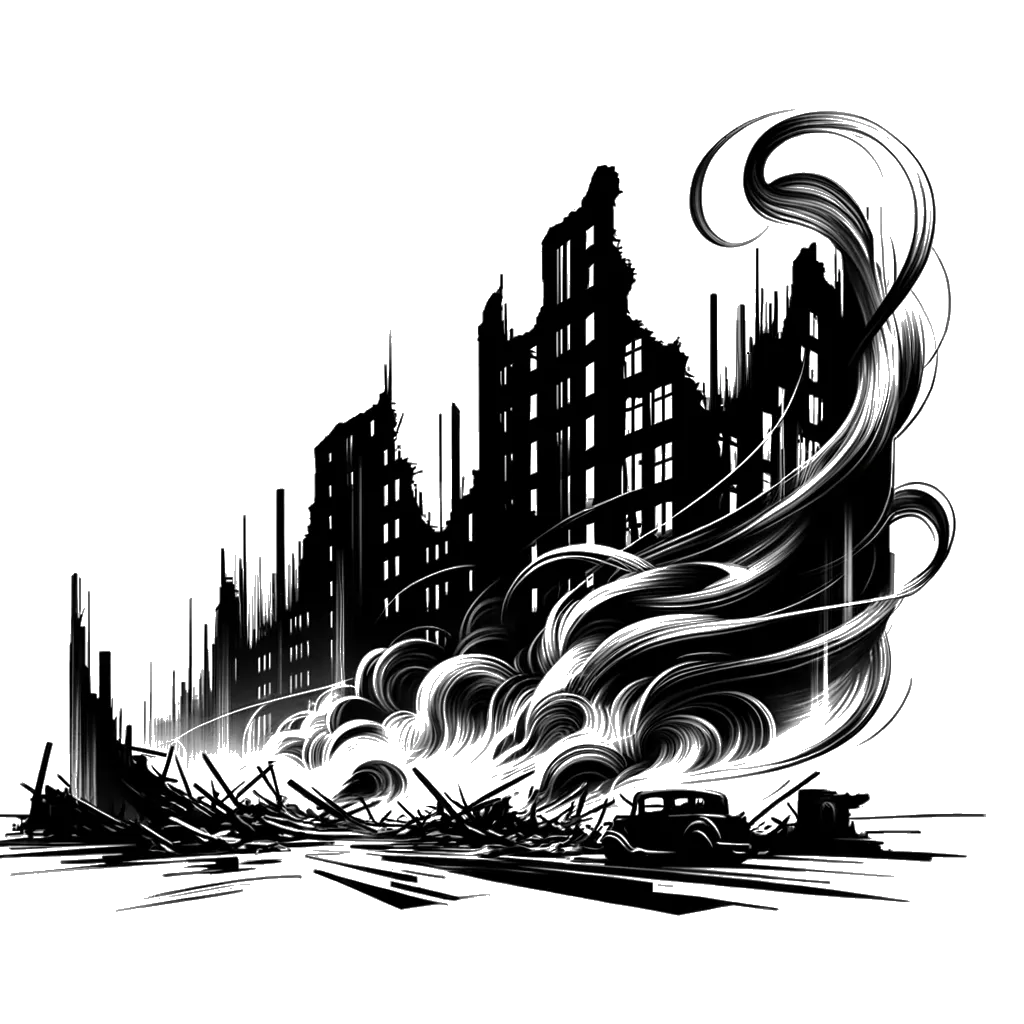 un dibujo de una escena después del bombardeo representando el tema de Ira en blanco y negro.