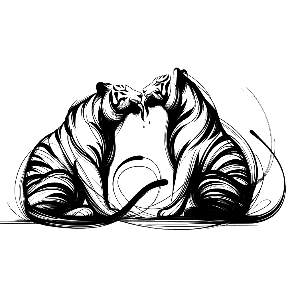 un dibujo de un tigre lamiendo a otro tigre representando el tema de Ira y Perdón en blanco y negro.