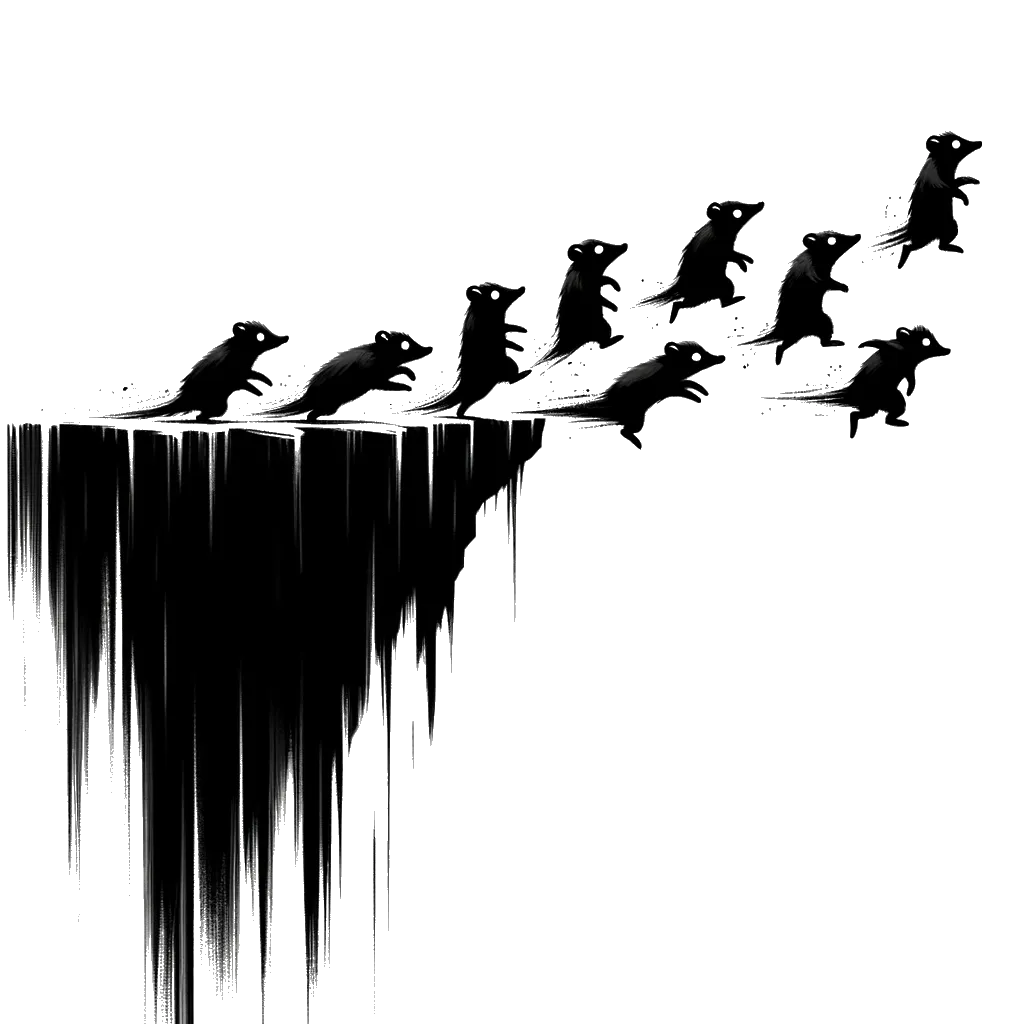 un dibujo de lemmings saltando por el acantilado representando el tema de Irresponsabilidad en blanco y negro.