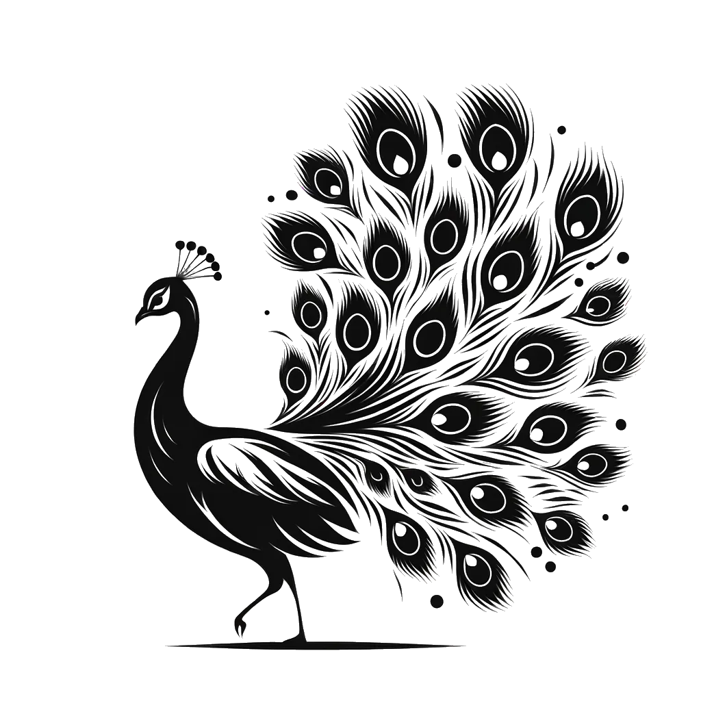 un dibujo de un pavo real con las plumas desplegadas en blanco y negro representando el tema de Jactancia en blanco y negro.