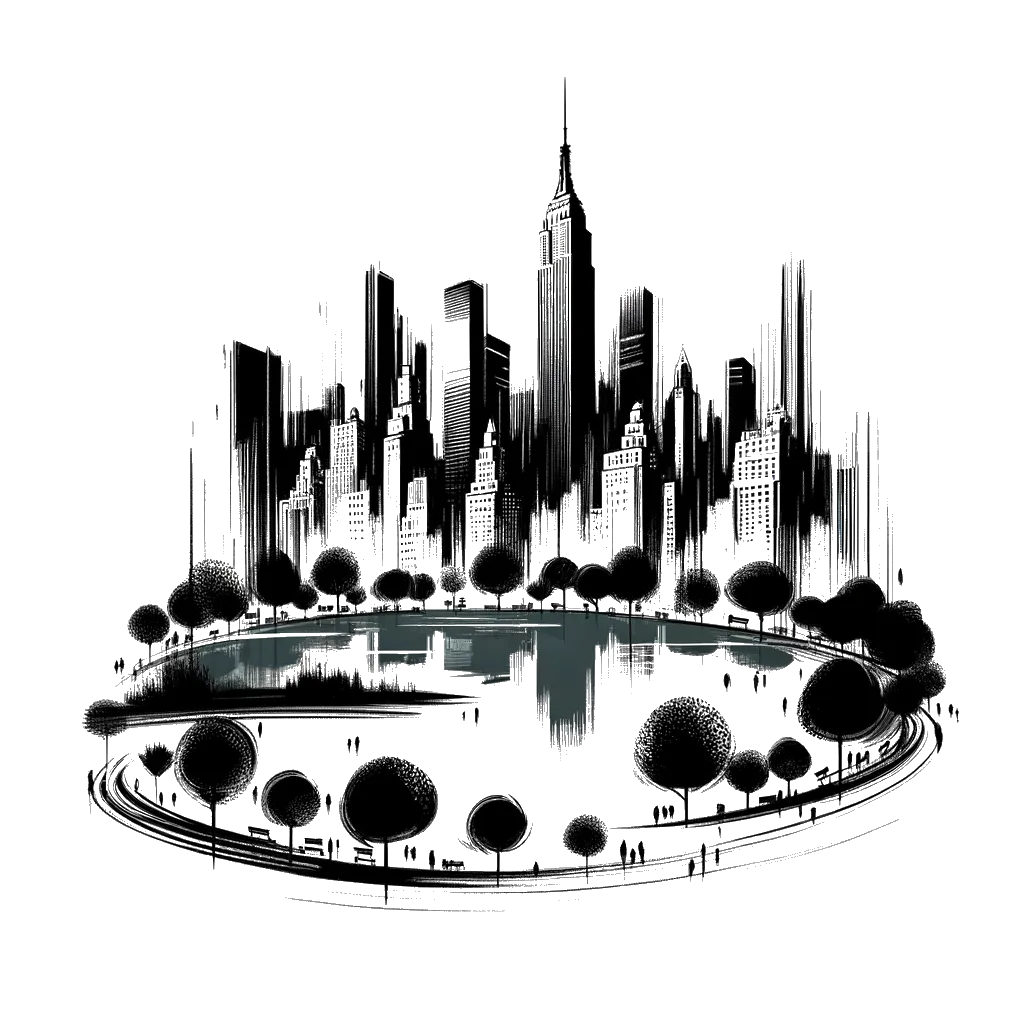 un dibujo de Central Park en Nueva York representando el tema de Jardín en blanco y negro.
