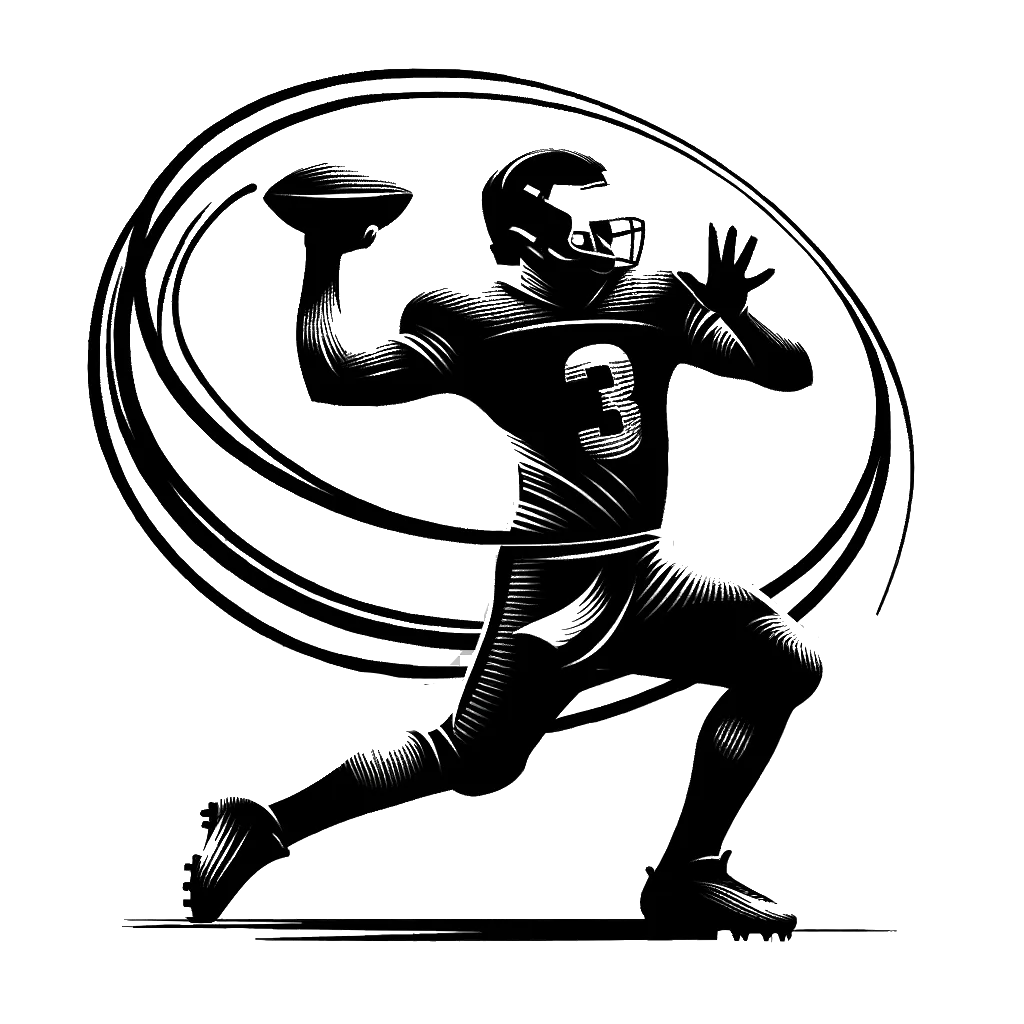 un dibujo de un jugador de fútbol americano lanzando un balón representando el tema de Juegos en blanco y negro.
