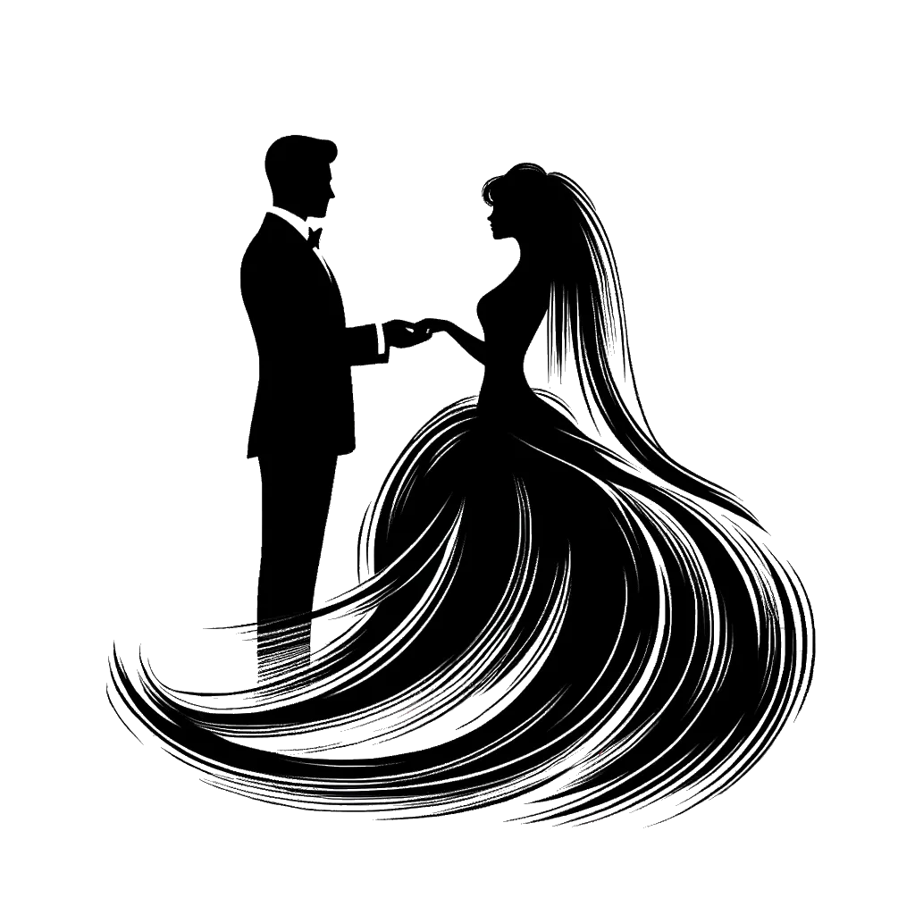 un dibujo de una novia y un novio diciendo sus votos matrimoniales representando el tema de Juramentos en blanco y negro.