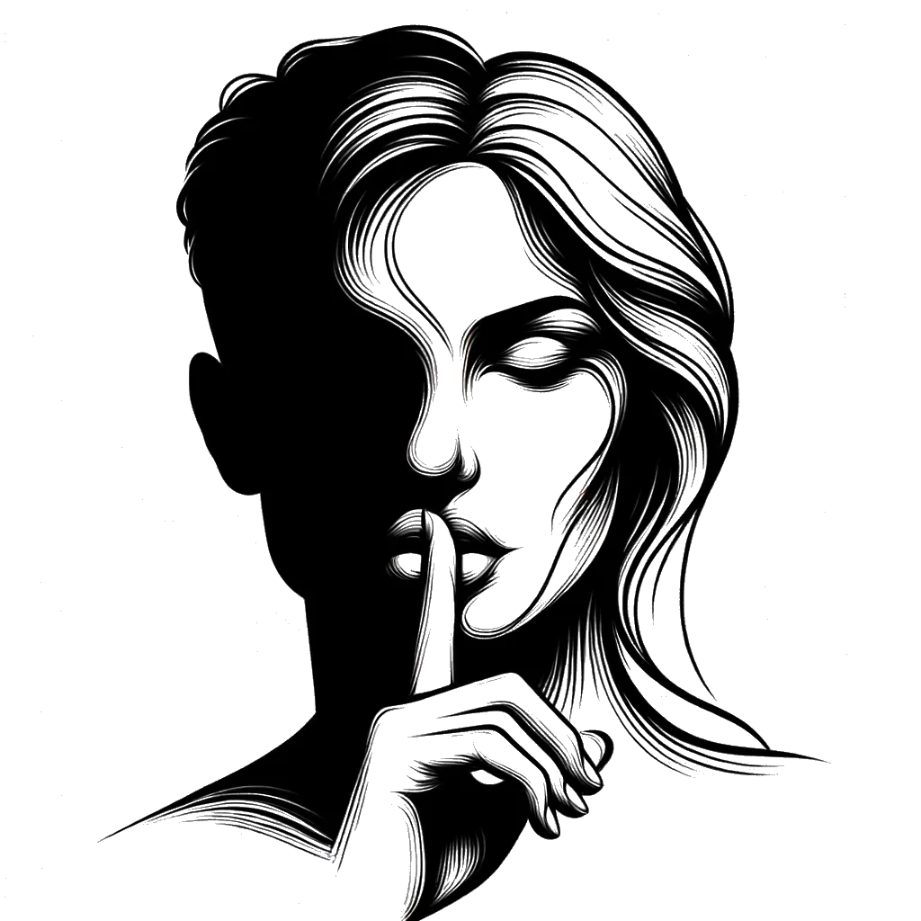 un dibujo de una mujer poniendo su dedo en los labios de un hombre representando el tema de Jurando en blanco y negro.