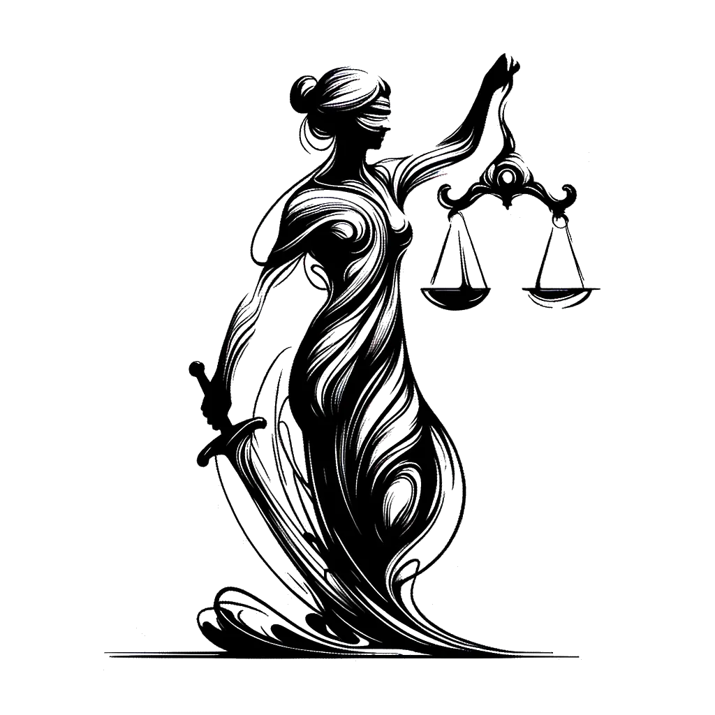 un dibujo de una estatua de la Dama de la Justicia sosteniendo una balanza representando el tema de Justicia en blanco y negro.