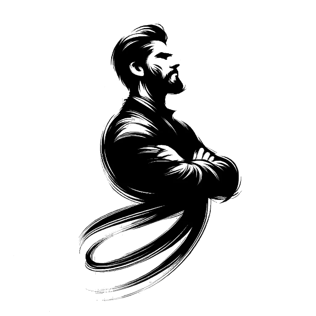 un dibujo de un hombre con los brazos cruzados mirando intransigente representando el tema de Justicia Propia en blanco y negro.