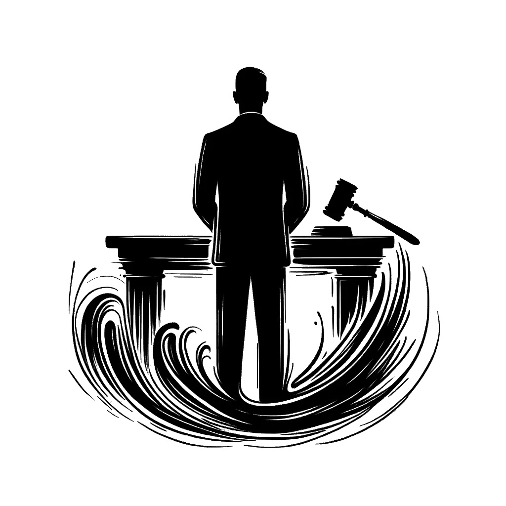 un dibujo de un hombre de pie en el muelle en la corte representando el tema de Justificación en blanco y negro.