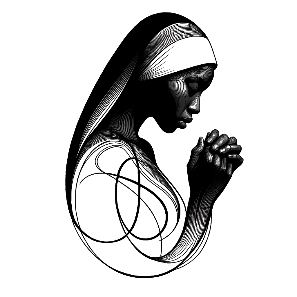 un dibujo de una monja rezando representando el tema de Lado Derecho en blanco y negro.