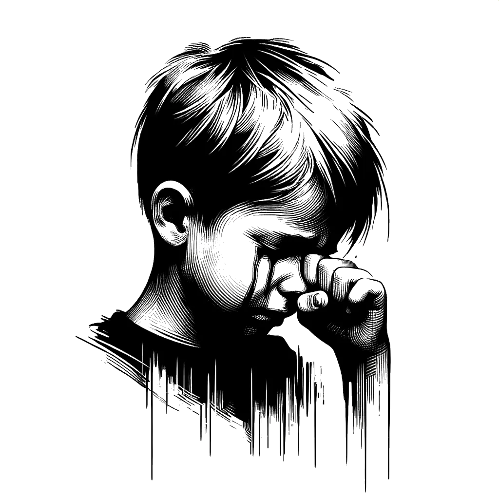 un dibujo de un niño joven llorando con el puño en el ojo representando el tema de Lágrimas en blanco y negro.