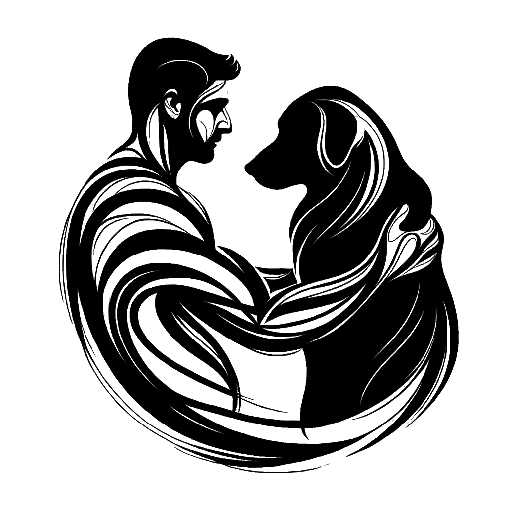 un dibujo de un hombre con su perro representando el tema de Lealtad en blanco y negro.