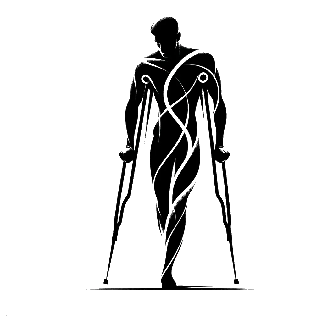 un dibujo de un hombre con muletas representando el tema de Lesiones en blanco y negro.