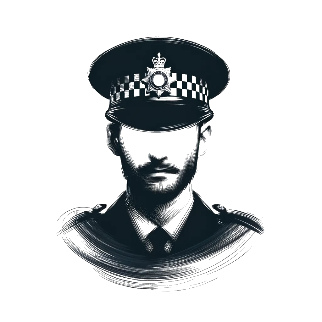 un dibujo de un oficial de policía británico representando el tema de Ley en blanco y negro.