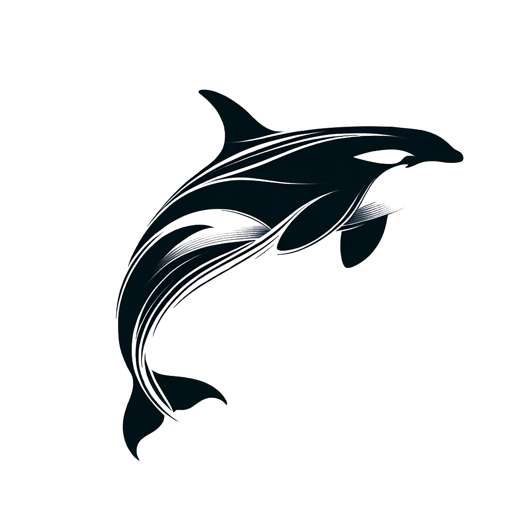 un dibujo de una ballena orca saltando fuera del agua representando el tema de Libertad en blanco y negro.