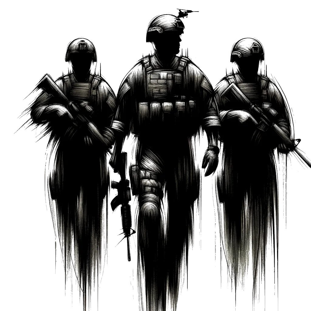 un dibujo de un comandante de las SAS estadounidenses liderando a otros dos soldados representando el tema de Liderazgo en blanco y negro.