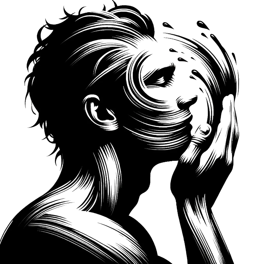 un dibujo de un hombre occidental enjuagándose la cara con agua representando el tema de Limpiarnos en blanco y negro.
