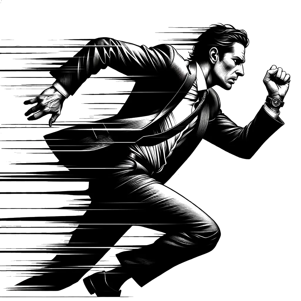 un dibujo de un hombre con traje corriendo y mirando su reloj al mismo tiempo representando el tema de Llegar a Tiempo en blanco y negro.