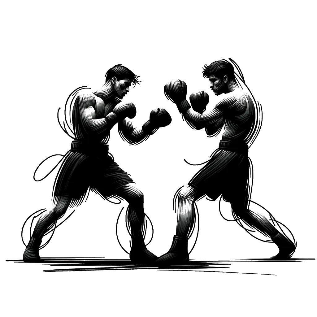 un dibujo de dos boxeadores masculinos peleando entre sí representando el tema de Lucha en blanco y negro.