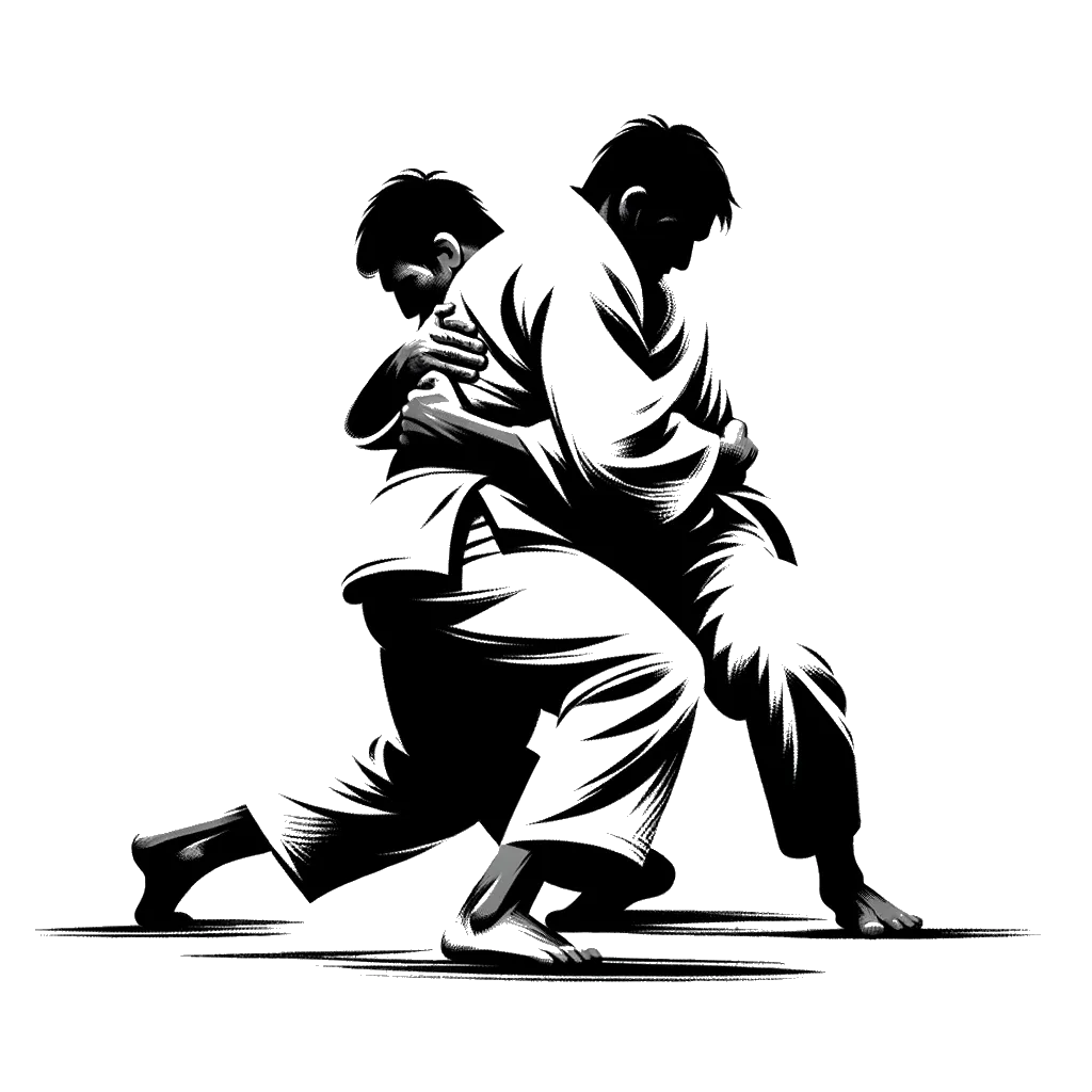 un dibujo de dos luchadores de judo masculinos agarrándose mutuamente representando el tema de Luchas en blanco y negro.