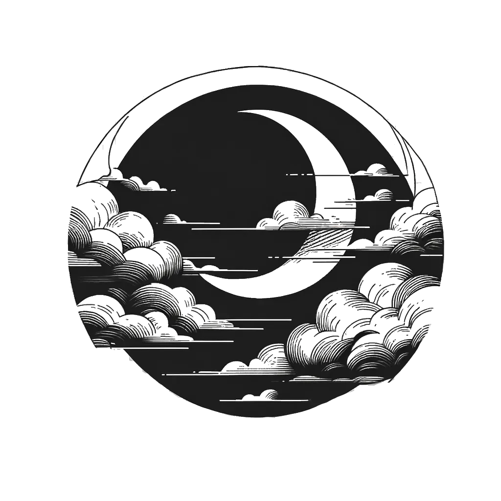 un dibujo de una luna creciente representando el tema de Luna en blanco y negro.