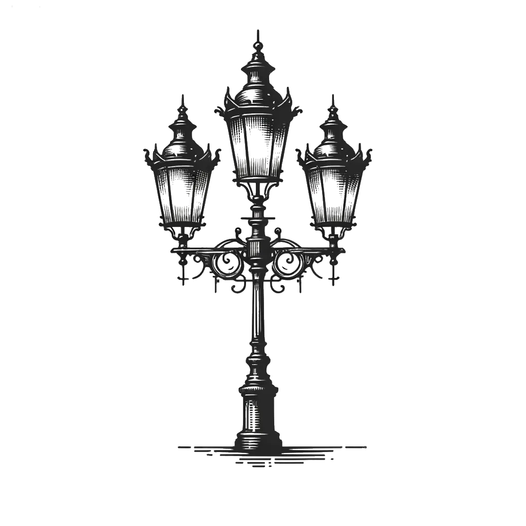 un dibujo de una elegante antigua farola victoriana representando el tema de Luz en blanco y negro.