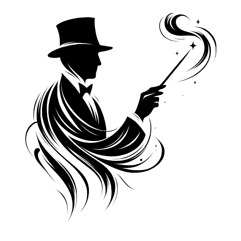 un dibujo de un mago con una varita mágica representando el tema de Magia en blanco y negro.