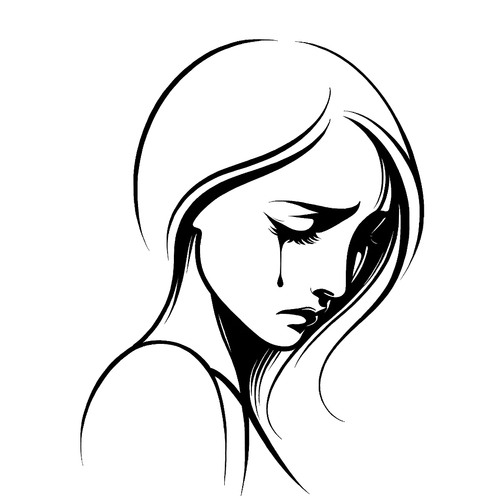 un dibujo de una mujer a punto de empezar a llorar representando el tema de Malas Palabras en blanco y negro.