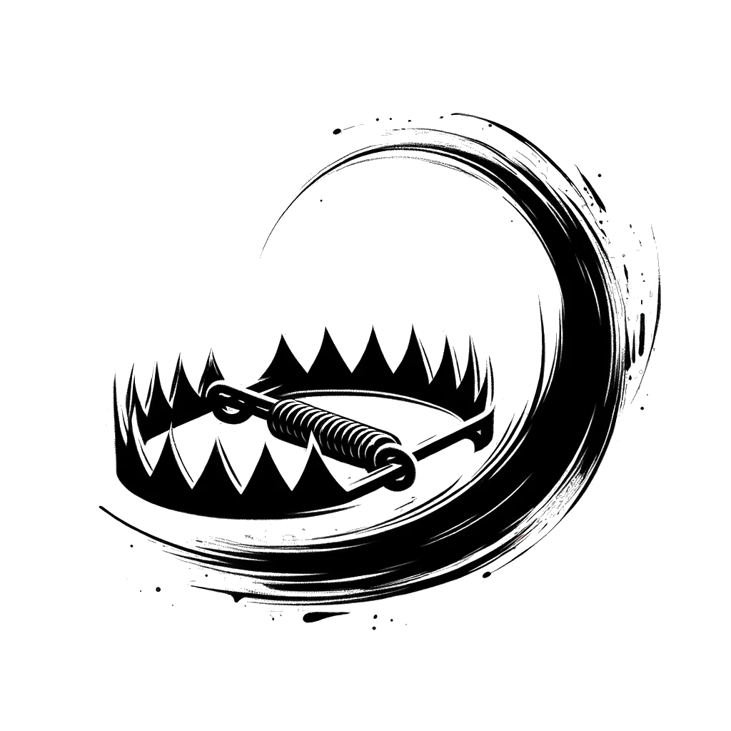 un dibujo de una trampa para osos representando el tema de Malicia en blanco y negro.