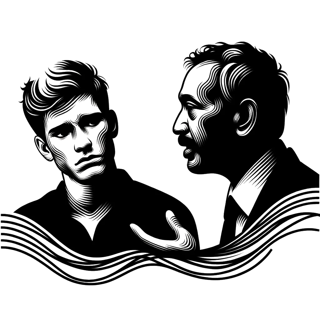 un dibujo de un hombre mirando triste mientras otro hombre le habla representando el tema de Maltratar a los Demás en blanco y negro.