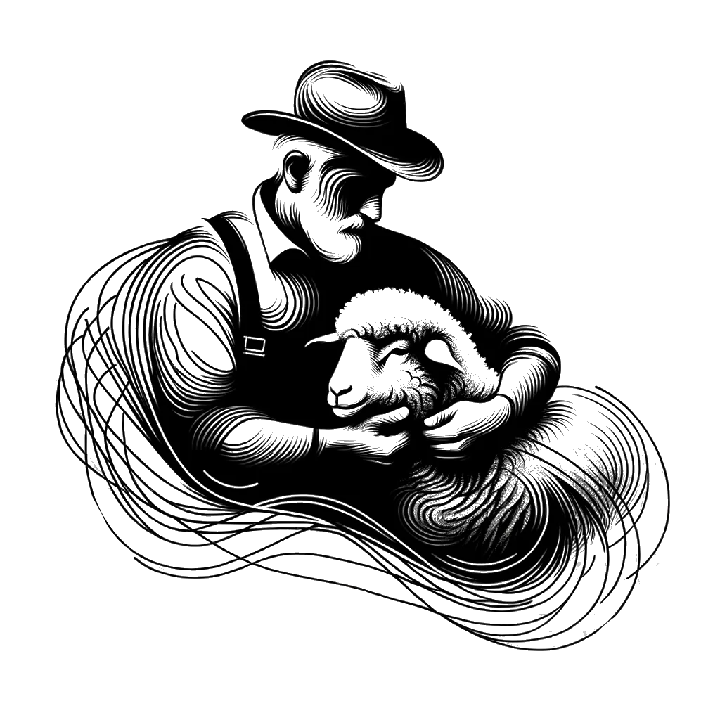 un dibujo de un granjero con una oveja representando el tema de Manejo en blanco y negro.
